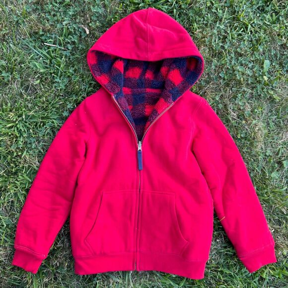 Lands End Kids M 8 Reversible Sherpa Fleece Hoodie Red Black Buffalo Check Zip - Picture 1 of 6